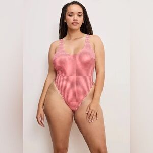 Good American Gingham Khloe One-piece Swimsuit Red White Cheeky High Leg Medium